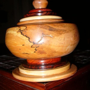 Spalted Bradford Pear Vessel with Padauk,Cocobolo,Ash,Cherry on Lid and Base