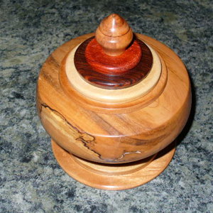 Spalted Bradford Pear Vessel with Padauk,Cocobolo,Ash,Cherry on Lid and Base