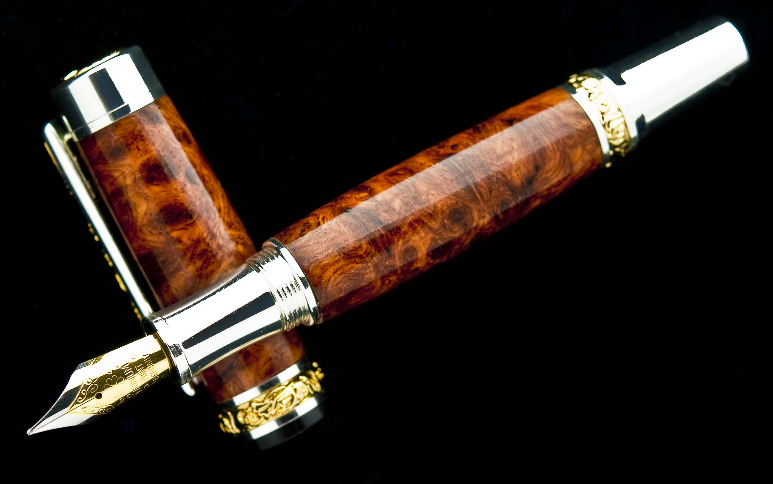 Amboyna Burl on Silver Cambridge Fountain Pen