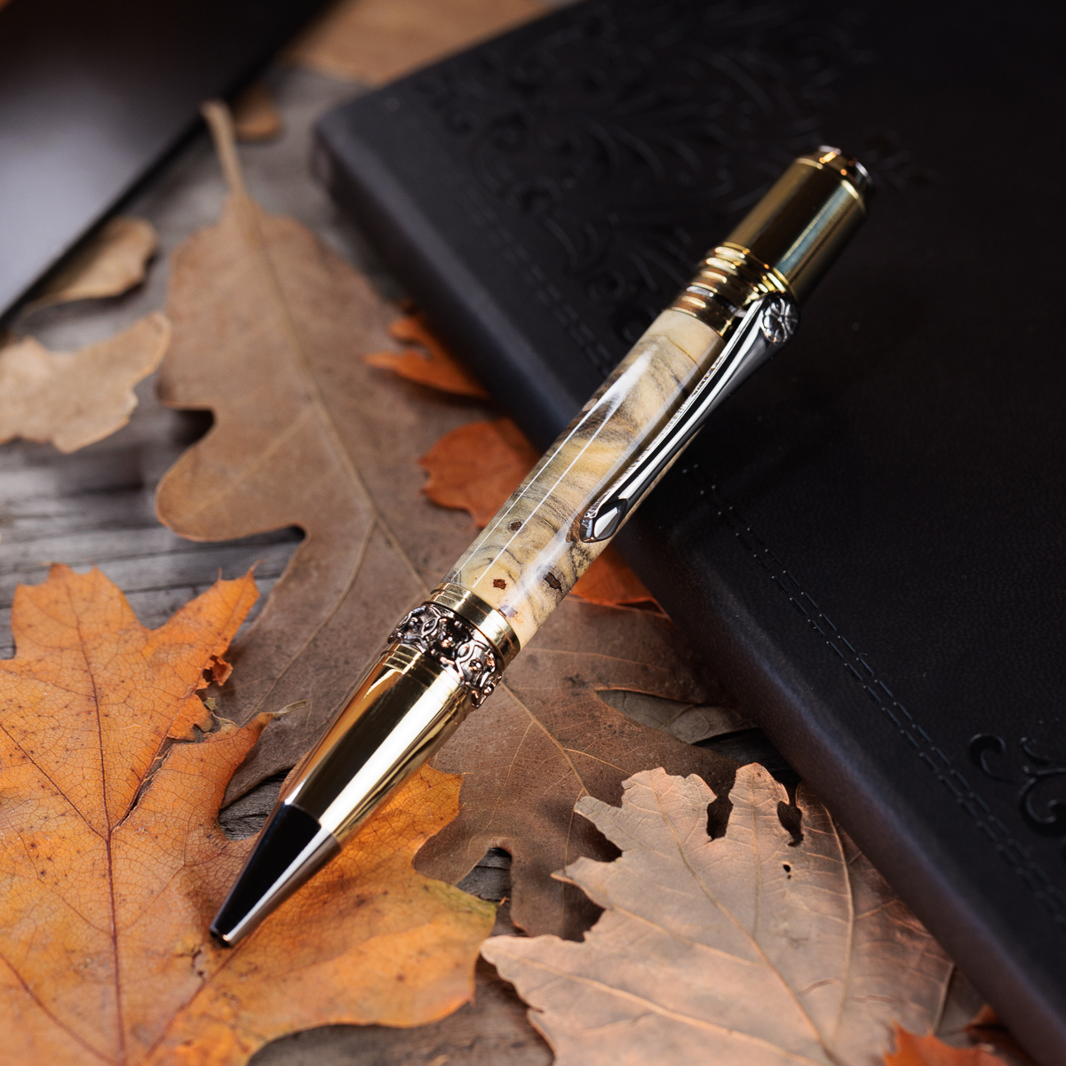 Ballpoint Pen - Finial Twist - Cirque - Buckeye Burl - Gold and Gunmetal - 10.jpg