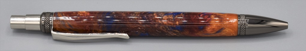 Blade click pen. Blue, red, Aztec gold resin, CA finish B1C.jpg