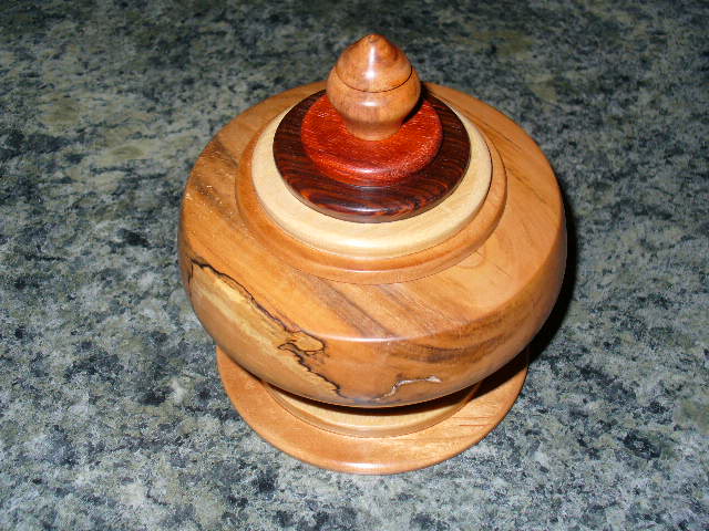 Spalted Bradford Pear Vessel with Padauk,Cocobolo,Ash,Cherry on Lid and Base