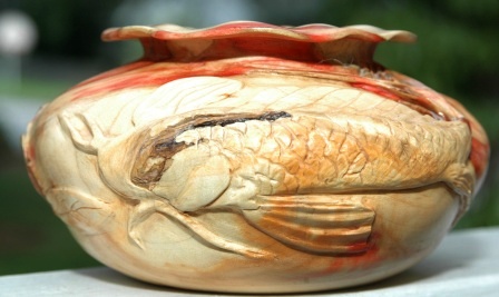 Turned Bowl / Hand Carved Koi Pond Flame Boxelder Burl